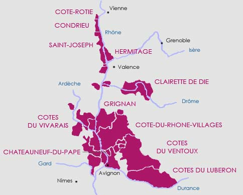 Carte route des vins vignoble de la Vallée du Rhône
